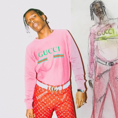 A$AP ROCKY WEARING UNRELEASED SUPREME x LOUIS VUITTON PANTS AND GUCCIInstagram      T