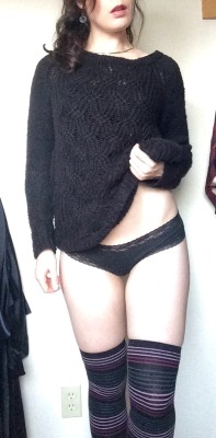 darknessindarling:  Long socks &amp; fluffy sweaters.  (Don’t mind the bum bruises– Daddy likes to bite…!)