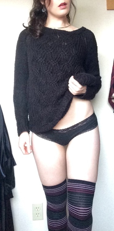 darknessindarling:  Long socks & fluffy sweaters.  (Don’t mind the bum bruises– Daddy likes to bite…!)