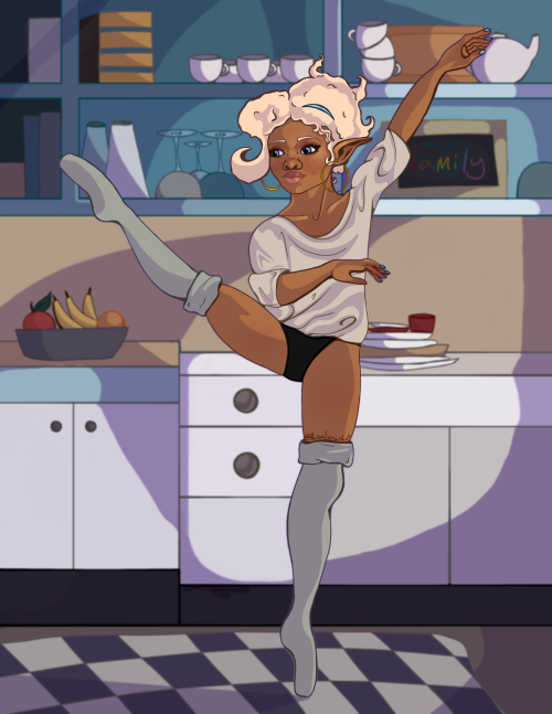 Aelwyn in the kitchen[ID: a digital drawing of Aelwyn Abernant, a black elven woman with large blue 