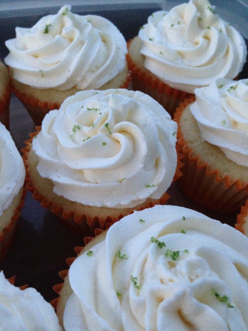 mightysweet:  Another tasty treat from earlier this summer: MARGARITA CUPCAKES for KB’s birthday! Totally deserving of the all-caps. And yes, you could absolutely taste the tequila! (Pre-Kitchenaid baking.) 