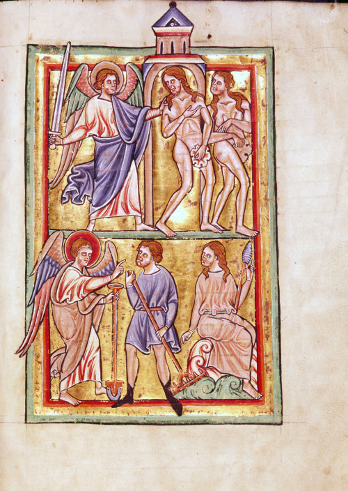 Scenes from the Book of Genesis: above, an angel expels Adam and Eve from the Garden of Eden; below,