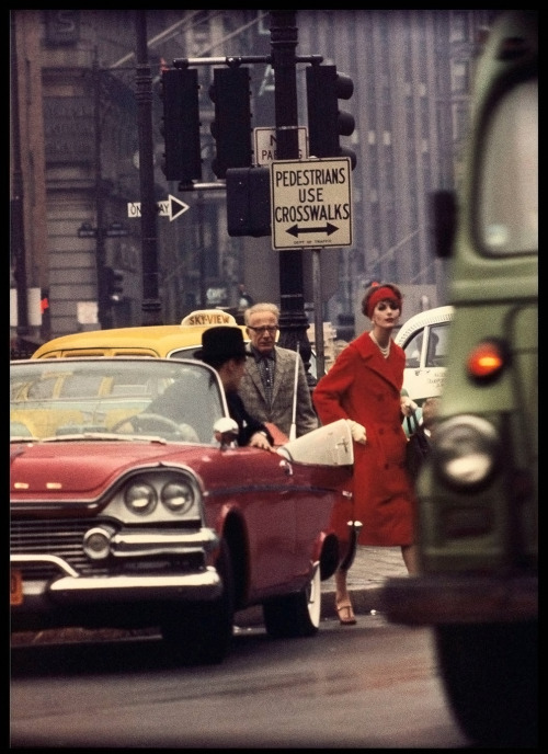 kafkasapartment:  Anne St. Marie + Cruiser in Traffic, NY (Vogue) 1962. William Klein. Chromogenic print.