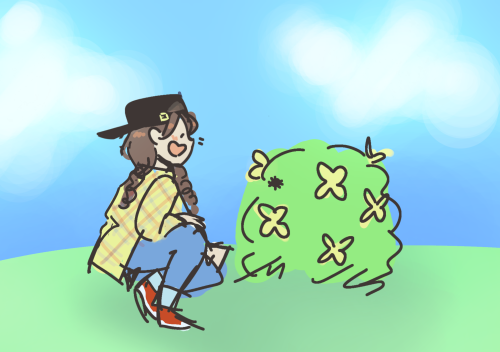 a digital drawing of Hannah Foster from black friday crouching infront of a bush, smiling at a spider sitting on the bush.