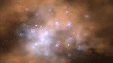 A dense orange fog floats in front of a black background that is just barely visible through the thick fog. There are dozens of glowing purple orbs within the fog, clustered in a circle in the center of the visual. One by one, the purple orbs send out bright white circular flashes of light. Following each flash of light, a white ring expands outward from the center of the orb, before fading away once its diameter reaches about one sixth of the image size. Credit: NASA’s Goddard Space Flight Center 