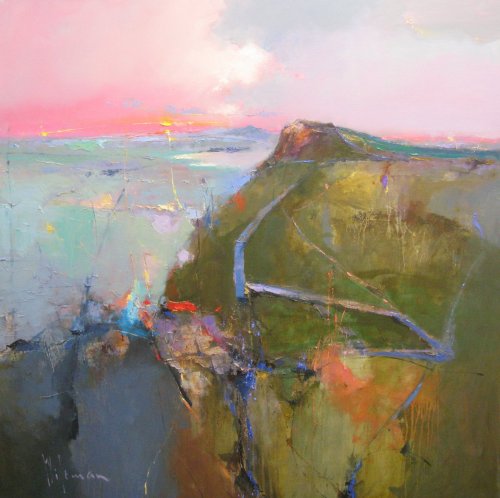 Peter Wileman (b.1946) - Sunrise over Crag Lough. Oil on canvas.