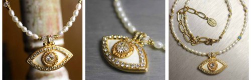 Crystal Gold Evil Eye Pendant with pearl necklace. *Handmade in New York* An elegant evil eye neckla