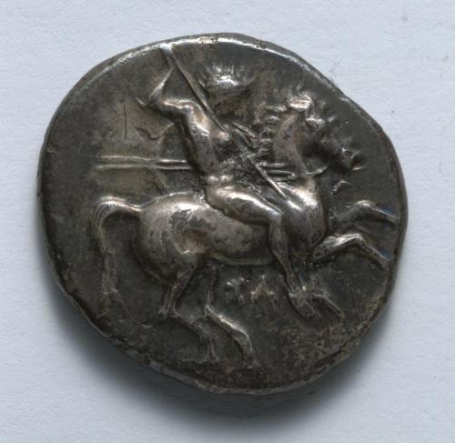 cma-greek-roman-art: Stater: Naked Horseman with Spears and Shield (obverse), 334-302 BC, Cleveland 