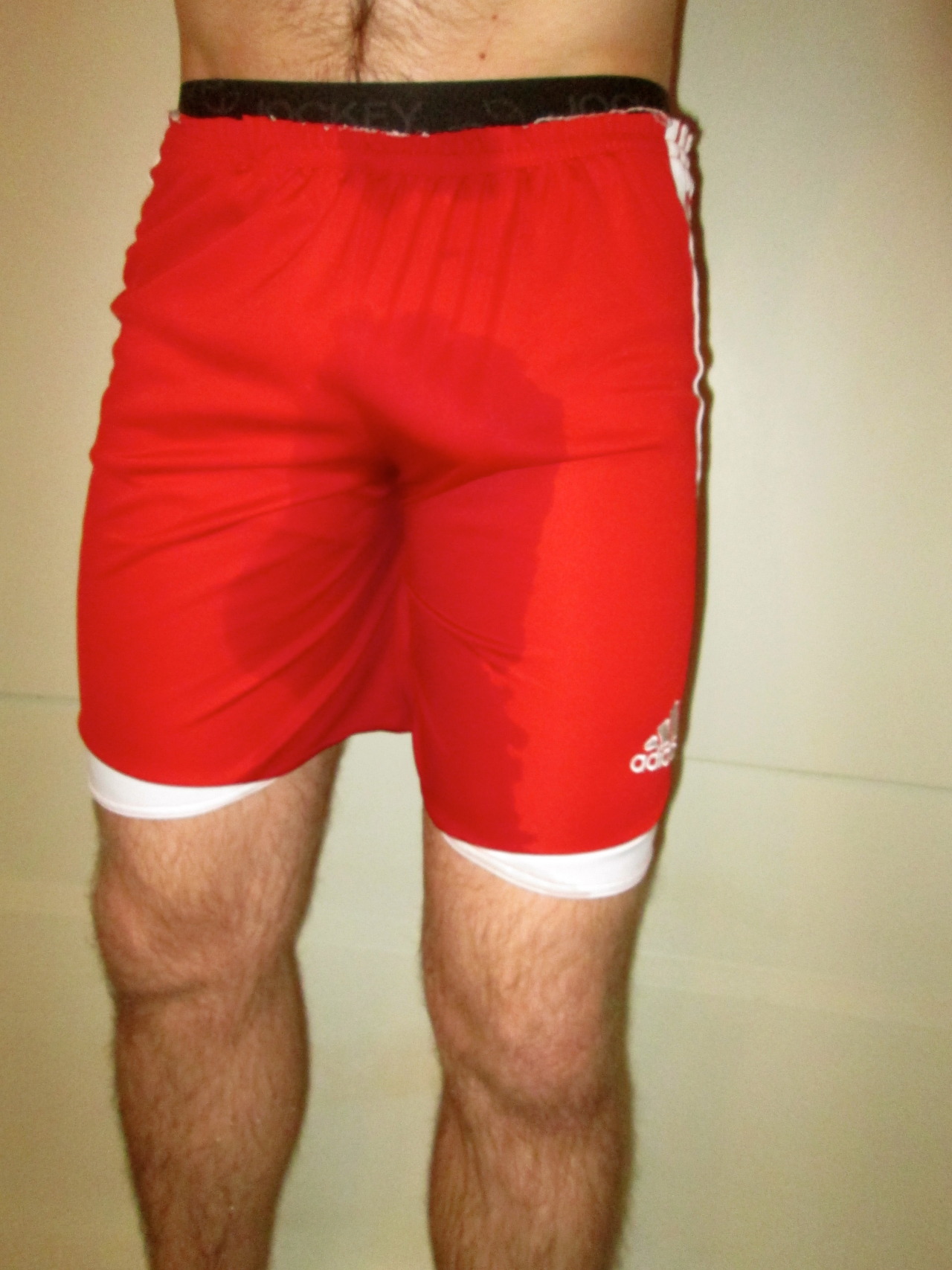 wetgayathlete:  pissed my red shorts and jockey underwear. 
