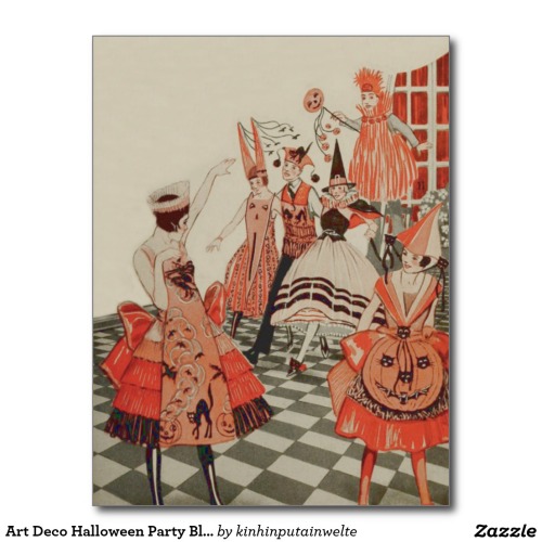 Art Deco Halloween Party Black Cat Pumpkin Postcard - $1.10 Made by Zazzle Paper Vintage Halloween p