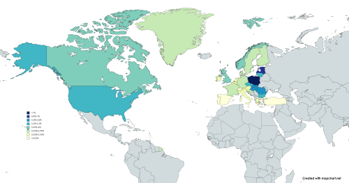 mapsontheweb: Total Aid for Ukraine as percentage of GDP until May 10, 2022. Refugee Cost included. 