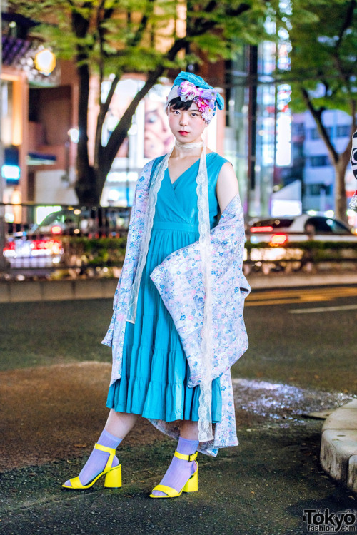 tokyo-fashion:  18-year-old Japanese fashion student Risa on the street in Harajuku wearing a vintage kimono over a blue sleeveless dress, vintage yellow heels, and a floral headpiece. Full Look