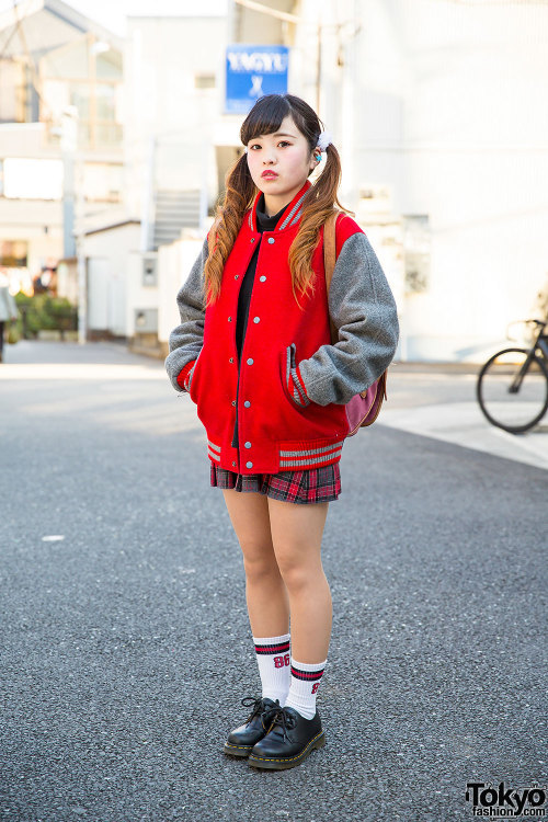 19-year-old Acane on the street in Harajuku with a twin tails hairstyle, a resale stadium jacket, a 