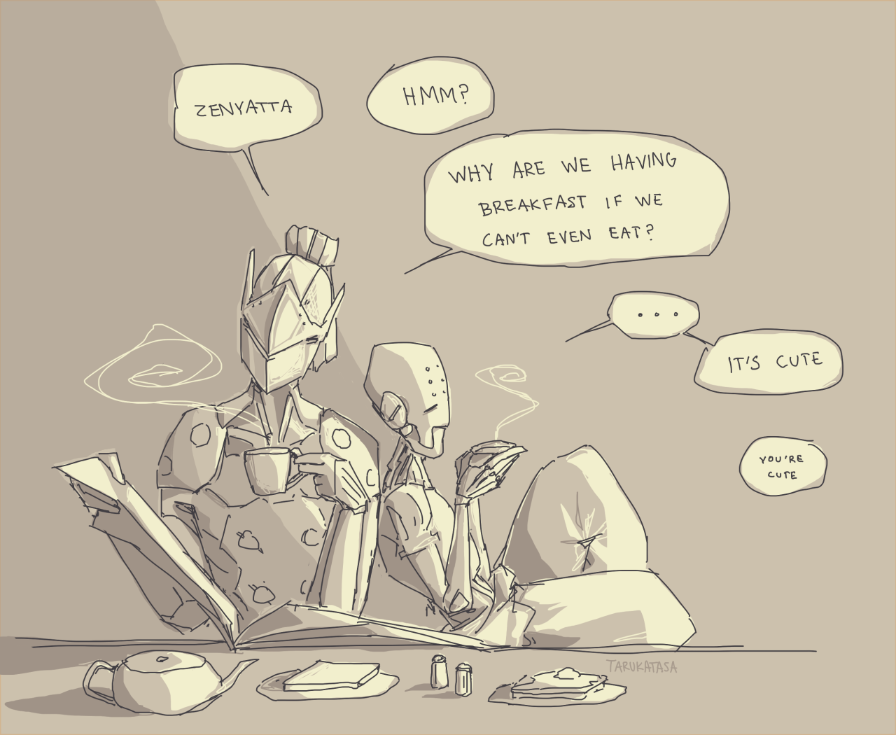 tarukatasa:  I want to draw them having breakfast and cooking and being happy but…