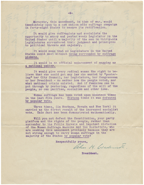 congressarchives:
“  On December 11, 1917, Alice Wadsworth, President of the National Association Opposed to Woman Suffrage, sent this petition to Congress arguing against a constitutional amendment that would grant women the right to vote. Mrs....