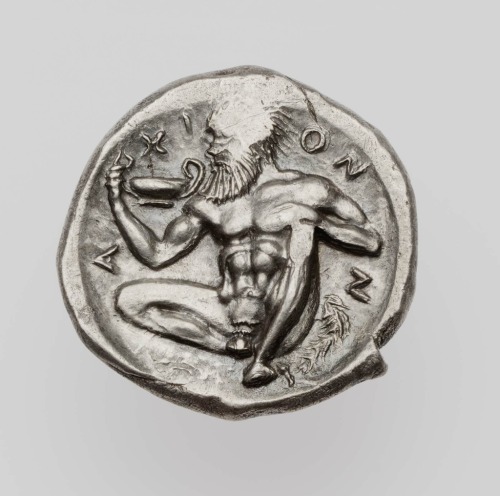Silver drachm of Naxos with head of Dionysus (obverse) and bearded Silenus holding kantharos (revers