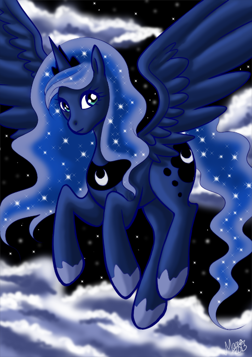 drawing-is-magic:  Luna Work in progress. :) I used again Paint tool SAI for Luna and for the background Photoshop.I love the design of Luna. And I want to draw her again. <3  (Maybe you know this piece from my other tumblr non-colorful)