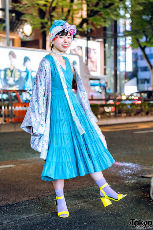 tokyo-fashion:  18-year-old Japanese fashion student Risa on the street in Harajuku wearing a vintage kimono over a blue sleeveless dress, vintage yellow heels, and a floral headpiece. Full Look