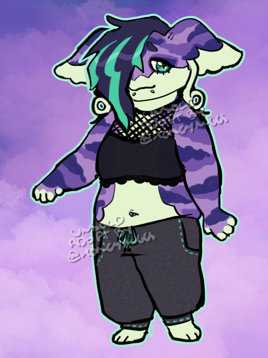 an artwork of a purple and cream anthropomorphic audino character. he's a bit emo or goth, with his teal streaked black bangs covering one eye and a fishnet bralette on. he's fat and wearing grey sweatpants with stitching in the same shade of teal as his bangs. his ears are downturned and he's wearing tunnel spacers in them. his purple parts are patterned with cloud-like markings.