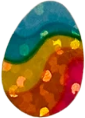 sticker of an easter egg painted with blue, yellow, orange, and red waves. it has a shiny foil finish.