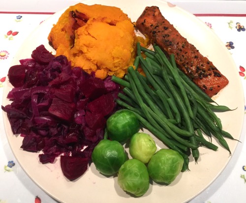 thefoodarchivist:Hers; salmon with roasted squash, braised red cabbage with beets and steamed veggie