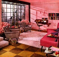 theniftyfifties:  1950s pink living room