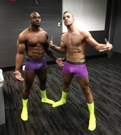 spidey137:  Danell Leyva and Donnell Whittenburg sport matching purple skivvies.  Even highlighter yellow socks look good on these two. 