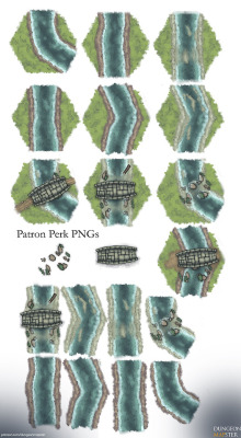 dungeonmapster:  Terrain Tiles: Rivers is up! Downloads are on my patreon hereThis set of river tiles pairs well with the Terrain Tiles: Roads and Ridges and the   Terrain Tiles: Campsite to make your own maps. The hex tiles are available to the