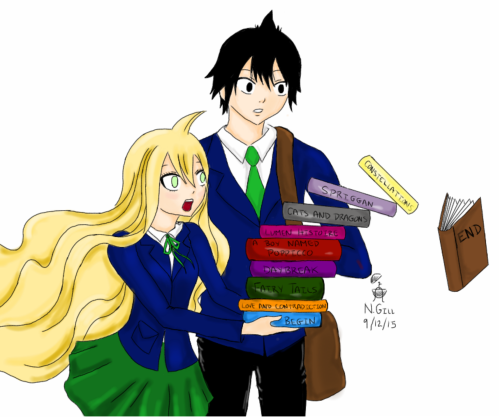 Zeref and Mavis hitting the books.Zervis sketch/color. Re-blog but please do not re-post without art