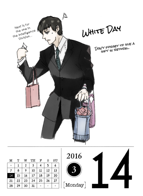 March 14, 2016Today is White Day! (*≧▽≦)White Day is a day marked in Japan a month after Valentine’s Day. In Japan, Valentine’s Day is usually observed by girls and women presenting chocolate gifts to boys or men.The reverse happens on White