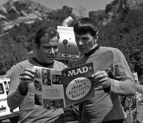 vintageeveryday:  Leonard Nimoy​ and William Shatner​ reading a MAD Magazine​, 1967. 