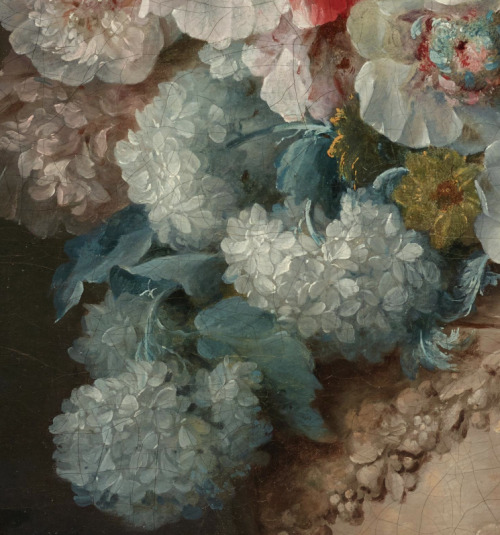 detailsofpaintings:  Anne Vallayer-Coster, Bouquet of Flowers in a Terracotta Vase with Peaches and Grapes (details) 1776 