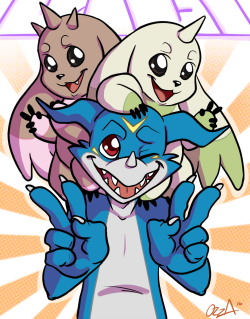 thepoorstruggler:  LOOK IT’S ME, and here’s a preview of one of a couple of digimon print designs i’ve been working on!!! my computer can Not take working at a higher res at all, i can feel my lifeforce ebbing away… 