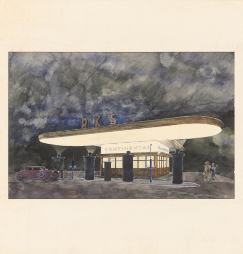 Franz Böhmer, Tankstelle / gas station, 1925-33. Watercolor. Germany. Via Architekturmuseum TU Berli