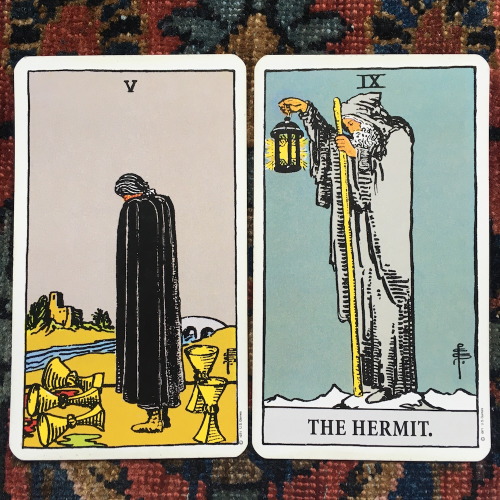 Five of Cups and The HermitThanks to a minor miscalculation, your time-traveling future self will ar