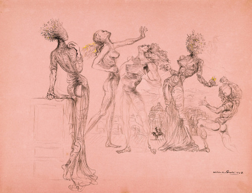 dappledwithshadow:  Salvador DalíCinq Personnages Surréalistes Dimensions:  19.25 X 25.12 in (48.9 X 63.8 cm)Medium:  gouache, brush and ink on pink paperCreation Date:  1937 