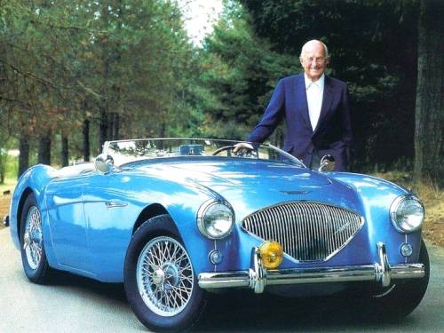 frenchcurious:Donald Healey (1898-1988-) with his beautiful 1956 Austin Healey 100. - source Cars &amp; Motorbike Stars of the Golden era.