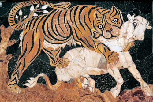 Opus sectile panel: tiger attacking a calf. Coloured marbles, Roman artwork from the second quarter 