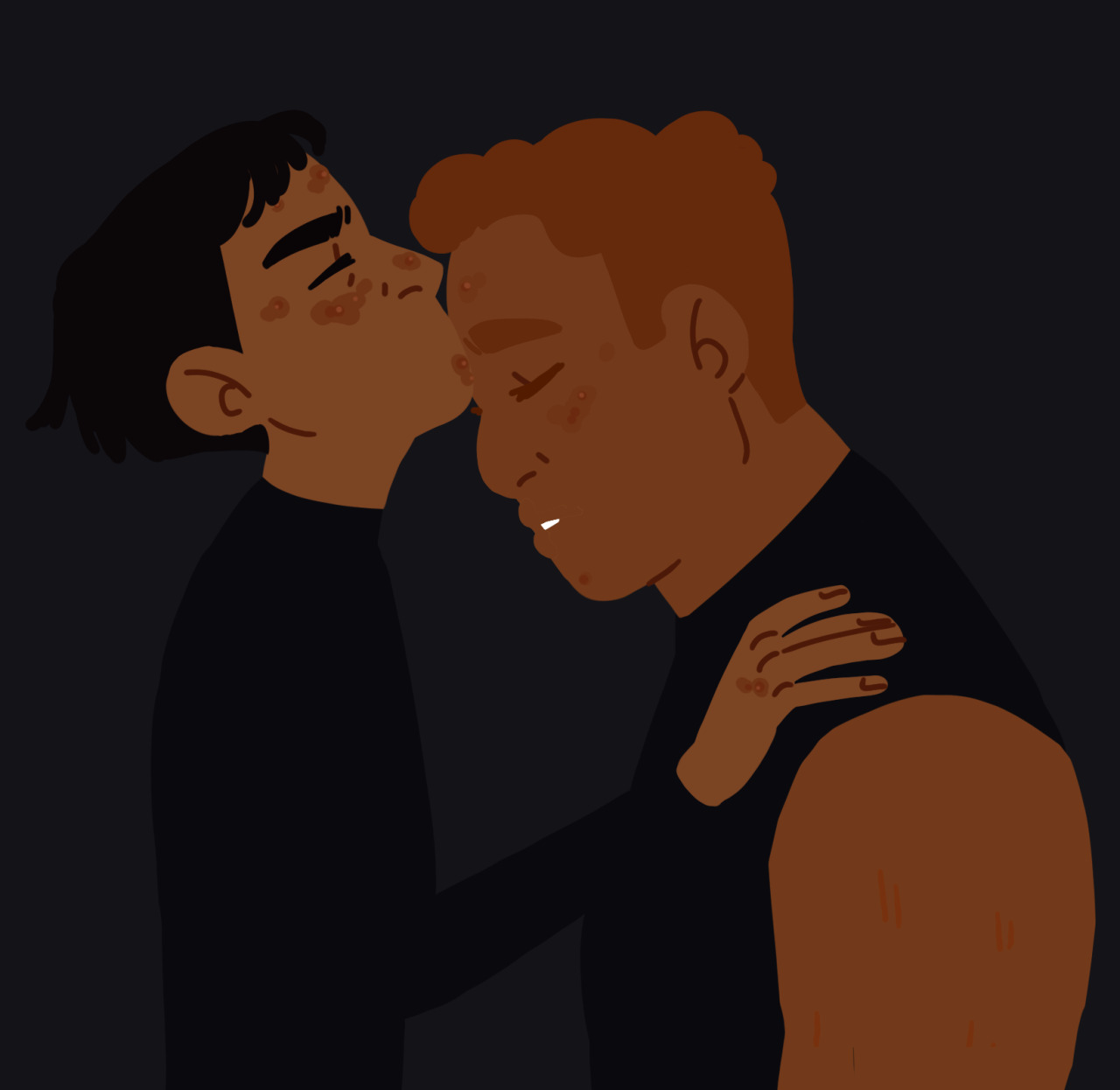 [ID: A lineless digital drawing of Harrowhark and Gideon from the Locked Tomb Series in a side view. Gideon is a buff teenager with brown skin and short dark red hair. Harrow is a skinny teenager with washed-out light brown skin and black cropped hair. They both have acne and are wearing all black. Gideon has her head lowered and Harrow is leaning up to kiss her on the forhead. Her hands rest in Gideon’s shoulders. End ID.]First flower of my house… #griddlehark#gideon nav#harrowhark nonagesimus #gideon the ninth  #harrow the ninth  #the locked tomb #tlt#gtn#htn