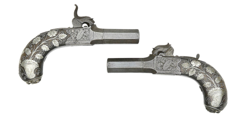 A pair of engraved, silver inlaid percussion pocket pistols signed “Smith, London”, mid 