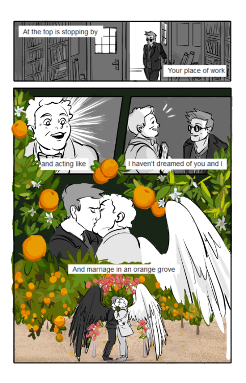 queerdraws: “Starlings” - Elbow.  Ineffable Husbands comic. (¼)(Part 1)Take 