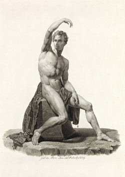 hadrian6:  Seated Male Nude with Raised Arm. 1829.  Johannes de Mare. Dutch 1806-1889. etching, engraving and pencil.    http://hadrian6.tumblr.com 