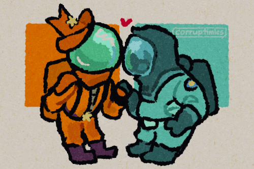 Digital art of kittydoesathing's Among Us OC, Syrup, with seasalticid's Among Us OC, Cyril. Syrup is wearing an orange spacesuit with a cowboy belt and hat. Cyril is wearing a cyan hazmat suit. Both are drawn in a simplified art style, holding hands while bonking their helmets together in an implied kiss.