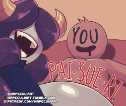 mrpeculiart:  Pai-Sue-Ri: A Pun that Wouldn’t Leave my HeadAfter a night out with Sue, the bubbly, buxom beauty takes things a little further and treats you to a squishy ride! You can get the 13 pic set on Gumroad now, both with and without dialogue!Get