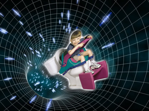 A fully-dressed child with a bowl cut, grinning into the camera, buckled in to a plastic children's potty attached to a regular toilet. The child and the toilet are flying through a round, grid-patterned space vortex.
