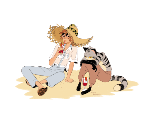 Some indulgent summer fashion drawings on Paradise Island.Fern and Gilly lounging, and Garival and L