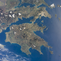 elladastinkardiamou:  Greece. Peloponnese.  Photo from the International Space Station Greece’s rugged shoreline stands out against the brilliant blue Mediterranean Sea in a new astronaut photograph. Taken from the International Space Station, this