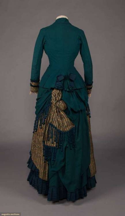 TEAL WOOL VISITING DRESS, c. 18802-pc teal wool &amp; brocaded silk day dress with center front 