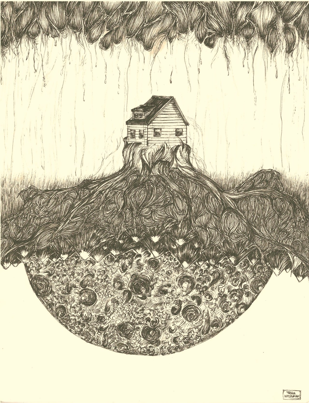 Hermit House
Ink on parchment paper by Trisha Katipunan; visual artist and film photographer from the Philippines.
View her tumblr for a repository of artworks.