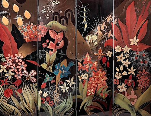 pinkstarlightcomputer:Jean Dunand and François-Louis Schmied “La Forêt” The forest, ca.1929 lacquered wood panel screen 175 x 220 x 55 cm. (68.9 x 86.6 x 21.7 in.)